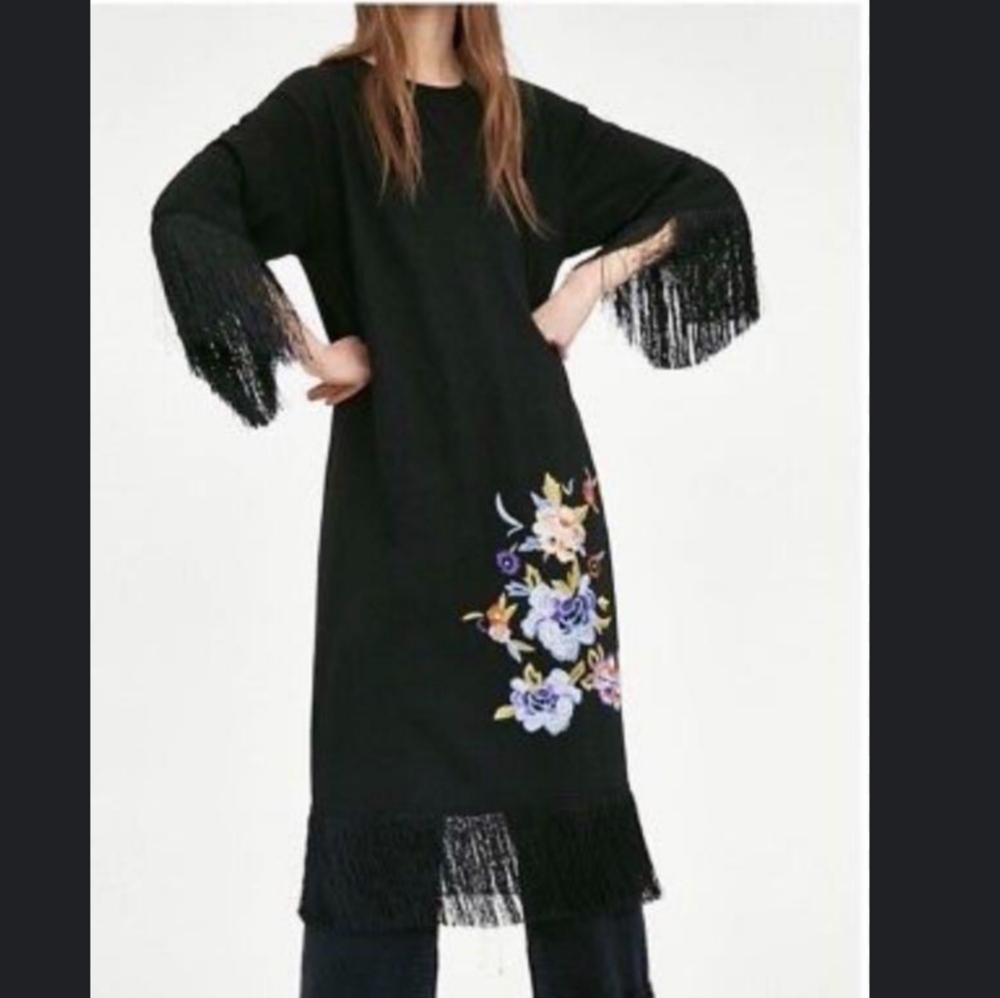 Zara Black Midi Dress with Floral Embroidery
